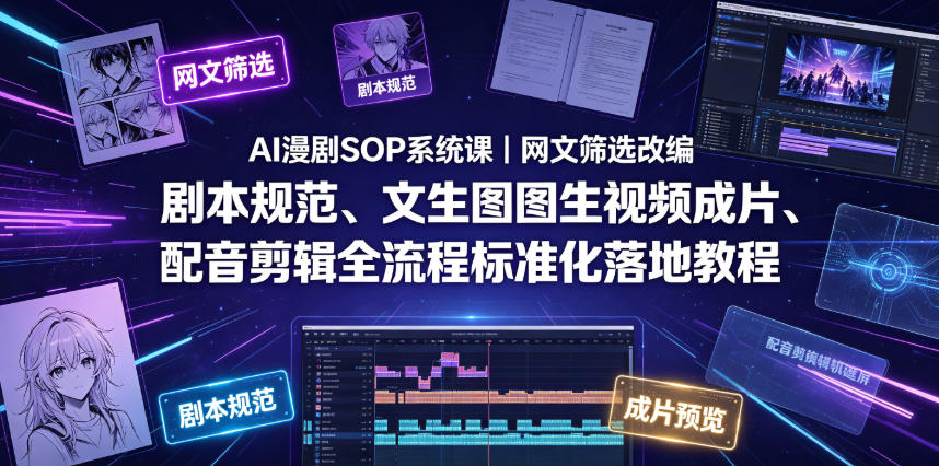 AI漫剧SOP系统课｜网文筛选改编、剧本规范、文生图图生视频成片、配音剪辑全流程标准化落地教程(更新)