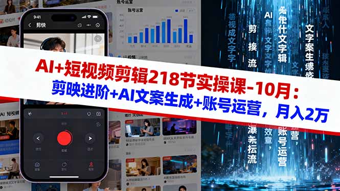 AI+短视频剪辑218节实操课-10月：剪映进阶+AI文案生成+账号运营，月入2万