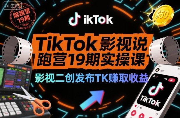 TikTok影视解说陪跑营19期实操课，影视二创发布TK賺取收益，万播收益50美金(更新)