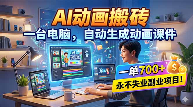 AI动画搬砖，一台电脑，自动生成动画课件，一单800+  永不失业副业项目！