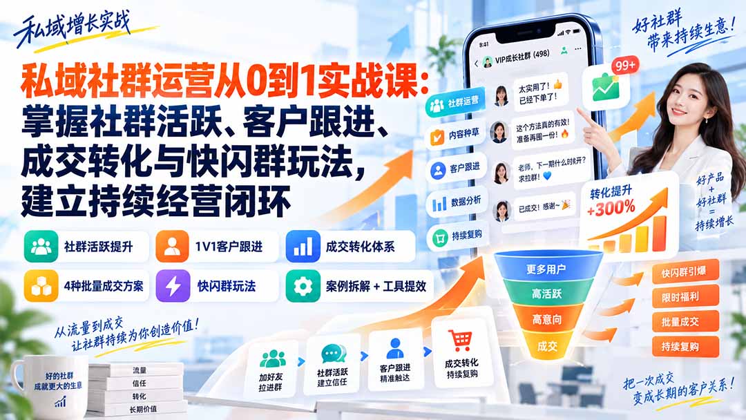 私域社群运营从0到1实战课：掌握社群活跃、客户跟进、成交转化与快闪群玩法，建立持续经营闭环