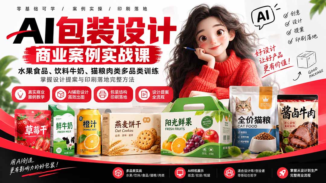 AI包装设计商业案例实战课：水果食品、饮料牛奶、猫粮肉类多品类训练，掌握设计提案与印刷落地完整方法