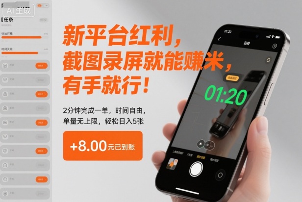 新平台红利，截图录屏就能賺米，有手就行！2分钟完成一单，时间自由，单量无上限，轻松日入5张【揭秘】
