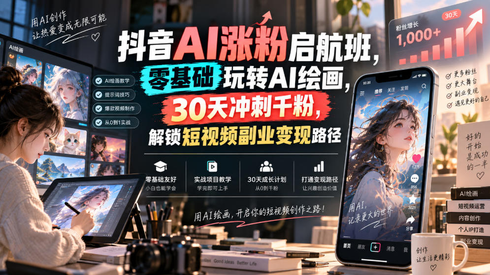 抖音AI涨粉启航班，零基础玩转AI绘画，30天冲刺千粉，解锁短视频副业变现路径
