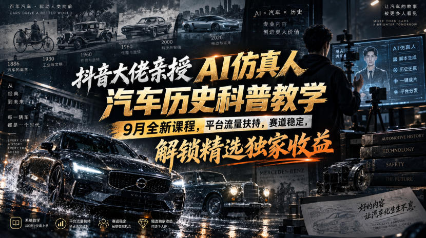 抖音大佬亲授AI仿真人汽车历史科普教学，9月全新课程，平台流量扶持，赛道稳定，解锁精选独家收益