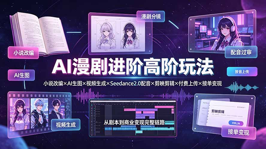 AI漫剧进阶高阶玩法：小说改编×AI生图×视频生成×Seedance2.0配音×剪映剪辑×付费上传×接单变现