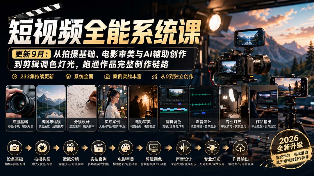 短视频全能系统课-9月完整版：从拍摄基础、电影审美与AI辅助创作到剪辑调色灯光，跑通作品完整制作链路