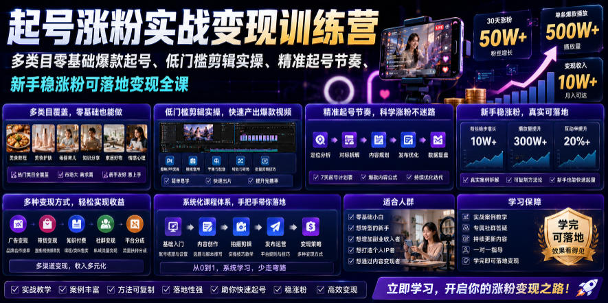 苗子起号涨粉实战变现训练营，多类目零基础爆款起号、精准起号节奏、新手稳涨粉可落地变现全课(更新0719)