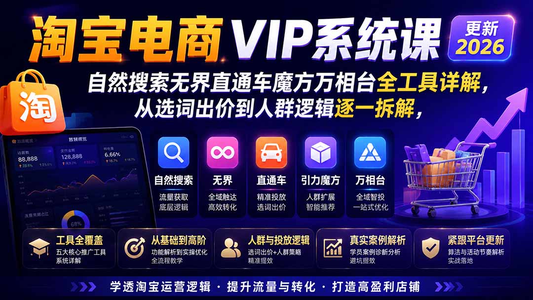 2026淘宝电商终局之战VIP课-更新：自然搜索+直通车+无界+精准人群，系统掌握测款动销与全店推广布局方法