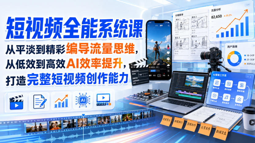 短视频全能系统课，从平淡到精彩编导流量思维，从低效到高效AI效率提升，打造完整短视频创作能力(完整版)