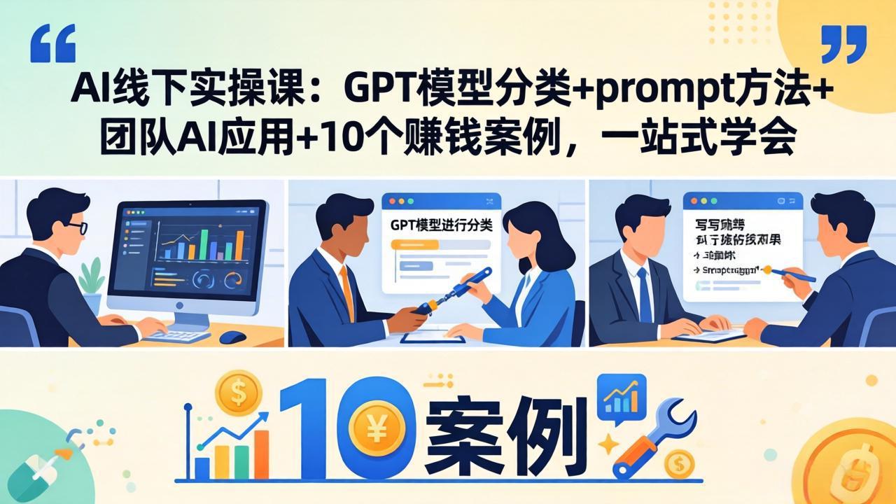 AI线下实操课：GPT模型分类+prompt方法+团队AI应用+10个赚钱案例，一站式学会