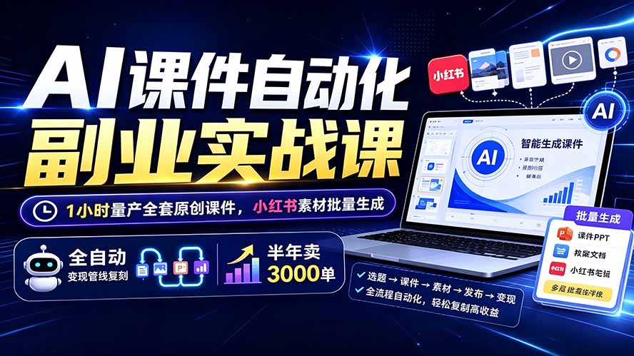AI课件自动化副业实战课：1小时量产全套原创课件×小红书素材批量生成×全自动变现管线×半年卖3000单