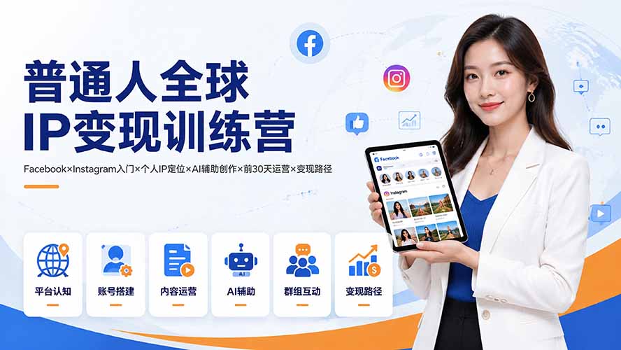 普通人全球IP变现训练营：Facebook×Instagram入门×个人IP定位×AI辅助创作×前30天运营×变现路径