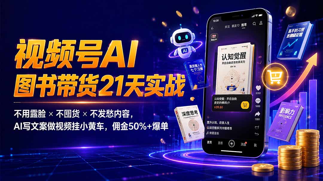 繁花视频号AI图书带货21天实战：不用露脸×不囤货×不发愁内容，AI写文案做视频挂小黄车，佣金50%+爆单