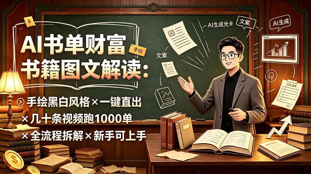 AI书单财富书籍图文解读：手绘黑白风格×一键直出×几十条视频跑1000单×全流程拆解×新手可上手